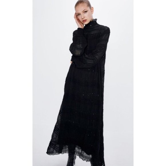 ZARA BLACK RUCHED SEQUIN HIGH NECK LONG SLEEVE MAXI DRESS S NWT - Picture 11 of 13